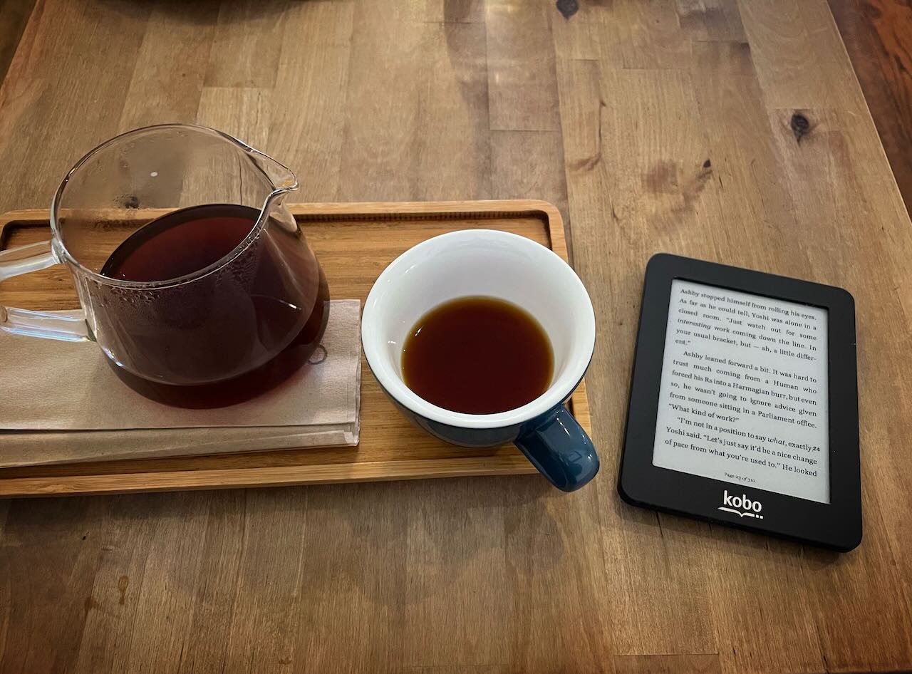 Pour over and a book.