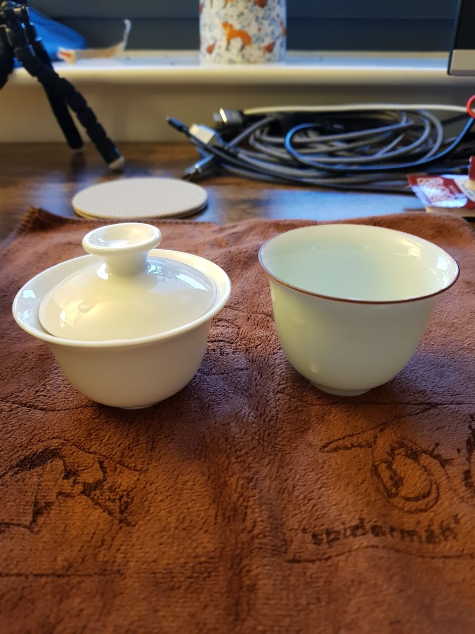 gaiwan, cup, and towel