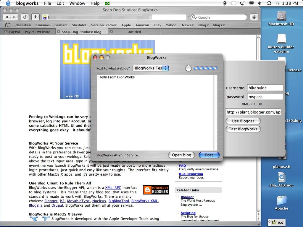 An early alpha of BlogWorkz for MacOS X, look at all that brushed metal