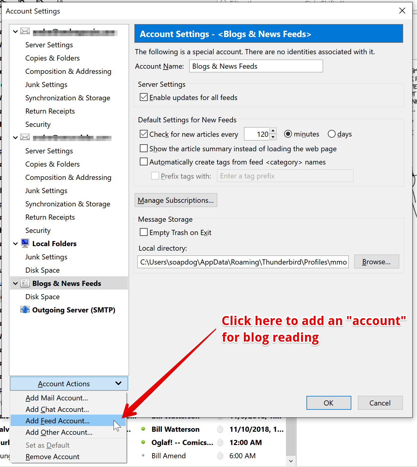Adding a blog reading (aka Feed) account